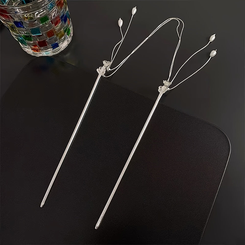 1pc Elegant Dual-Strand Floral Pearl Tassel Hair Stick Pin - Alloy Hairpin for Updos, Chinese Style Vintage Charm Hair Accessory, Sophisticated Bun Holder