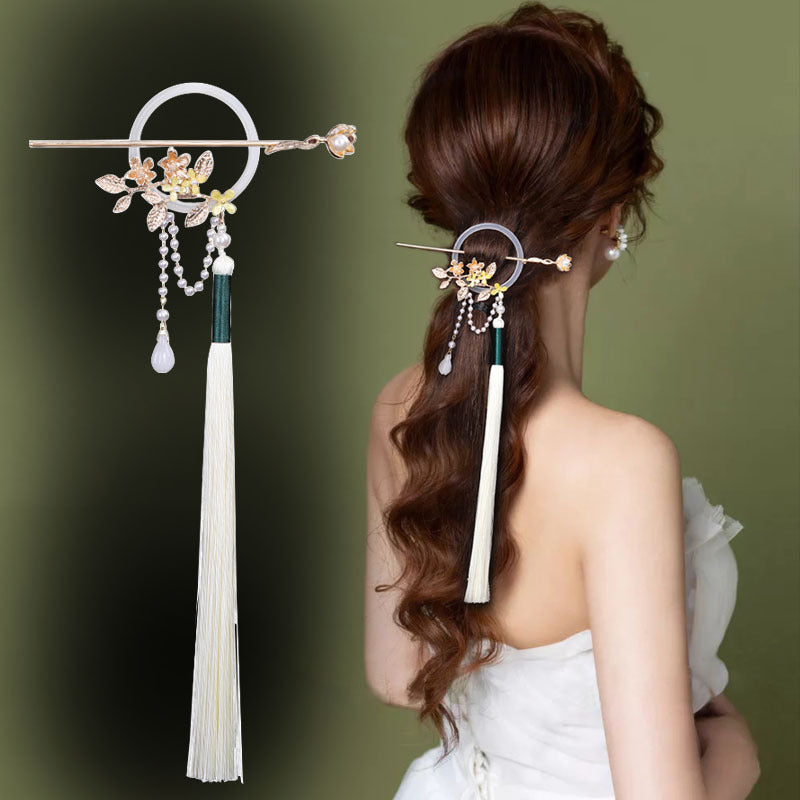 1pc Chinese Style Faux Pearl Decorative Hair Pin With Tassel Elegant Flower Leaf Hair Dish Trendy Hair Decoration For Women And daily uses
