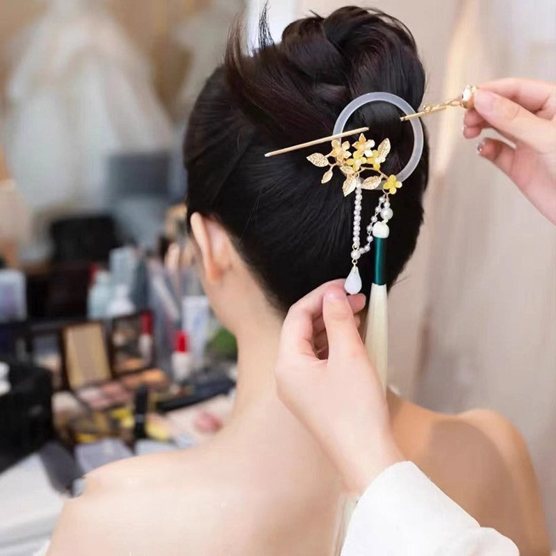 1pc Chinese Style Faux Pearl Decorative Hair Pin With Tassel Elegant Flower Leaf Hair Dish Trendy Hair Decoration For Women And daily uses