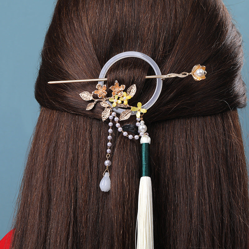 1pc Chinese Style Faux Pearl Decorative Hair Pin With Tassel Elegant Flower Leaf Hair Dish Trendy Hair Decoration For Women And daily uses