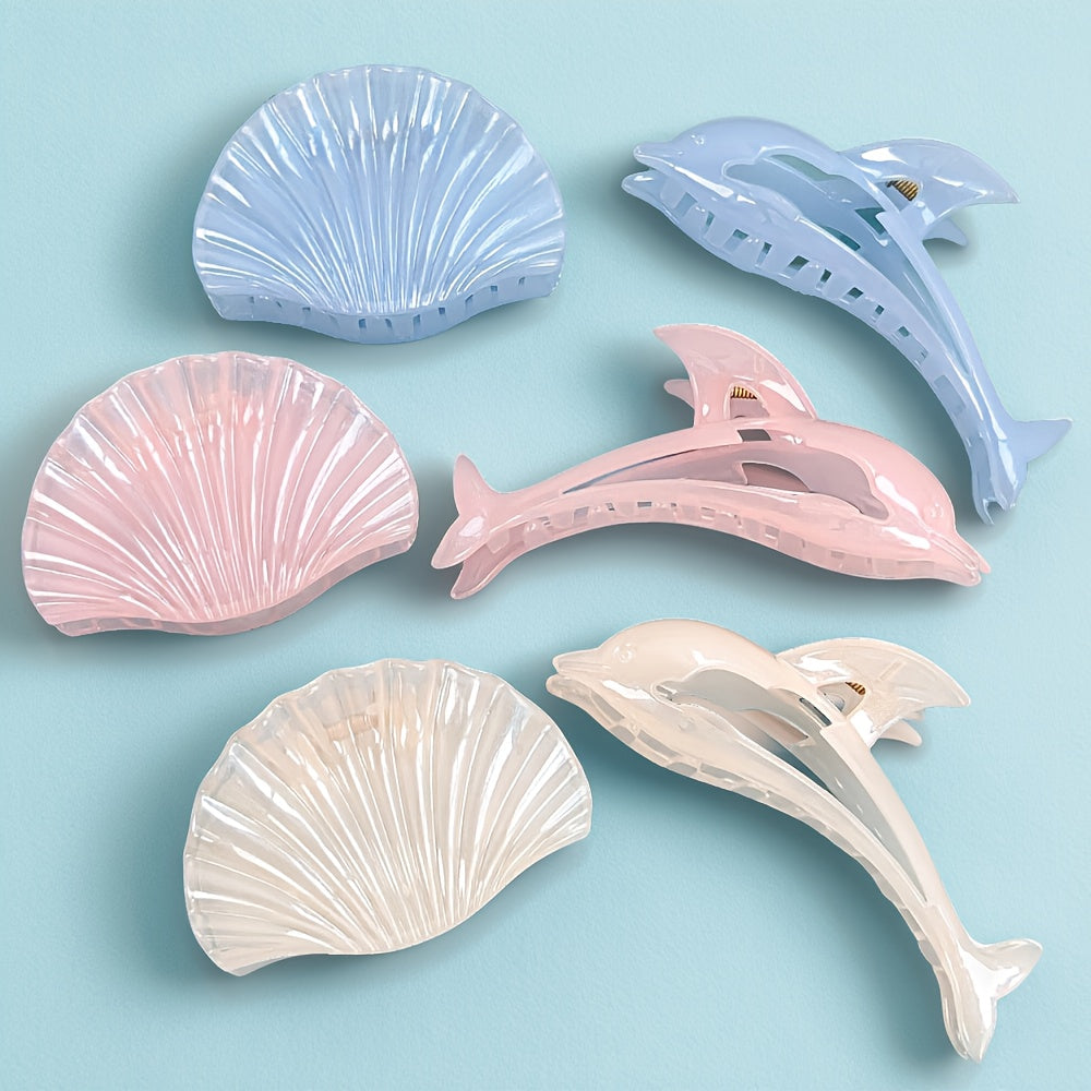 6pcs Jelly Shell Claw Clips, Dolphin with Glitter Straps Summer Vacation Hair Accessories, Cute Animal Hairstyles Headpieces, Large Shark Clip, Trendy Design Barrettes for Everyday Looks and Beach Parties