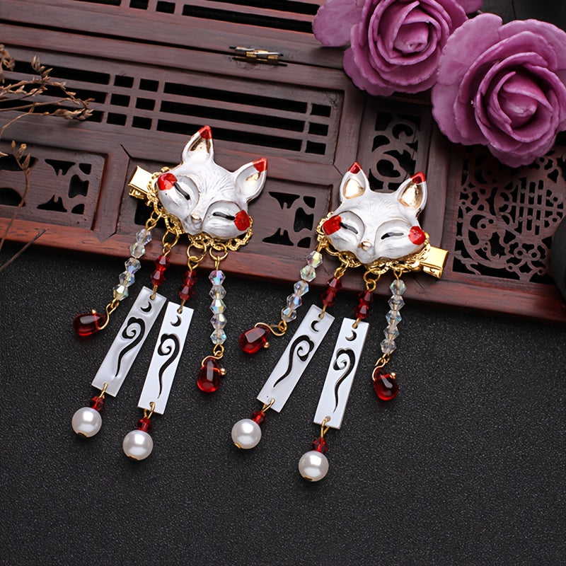 Two Cute Fox Tassel Hairpins, Vintage Hair Clips, Hanfu Hair Accessories for Women, Japanese-Style Hairpins with a Charming And Simple Animal Design in Mixed Colors - Perfect for Everyday Wear And Halloween, Durable Hair Accessories for Stylish Looks
