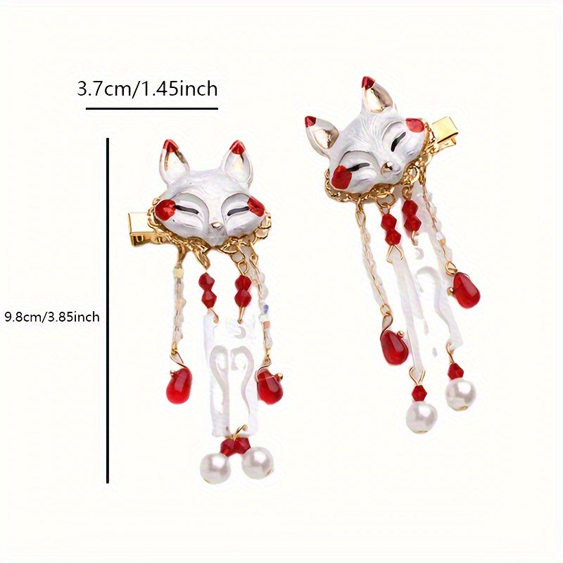 Two Cute Fox Tassel Hairpins, Vintage Hair Clips, Hanfu Hair Accessories for Women, Japanese-Style Hairpins with a Charming And Simple Animal Design in Mixed Colors - Perfect for Everyday Wear And Halloween, Durable Hair Accessories for Stylish Looks
