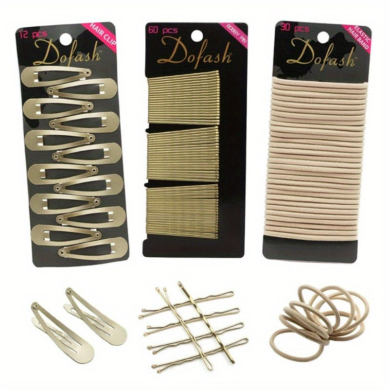 3Cards Women's Hair Styling Set Bobby Pins Hair Pins 60pcs+Hyper Elastics Hiar Ties 30pcs+Snap Hair Clips for Thick Hair 12pcs Blonde