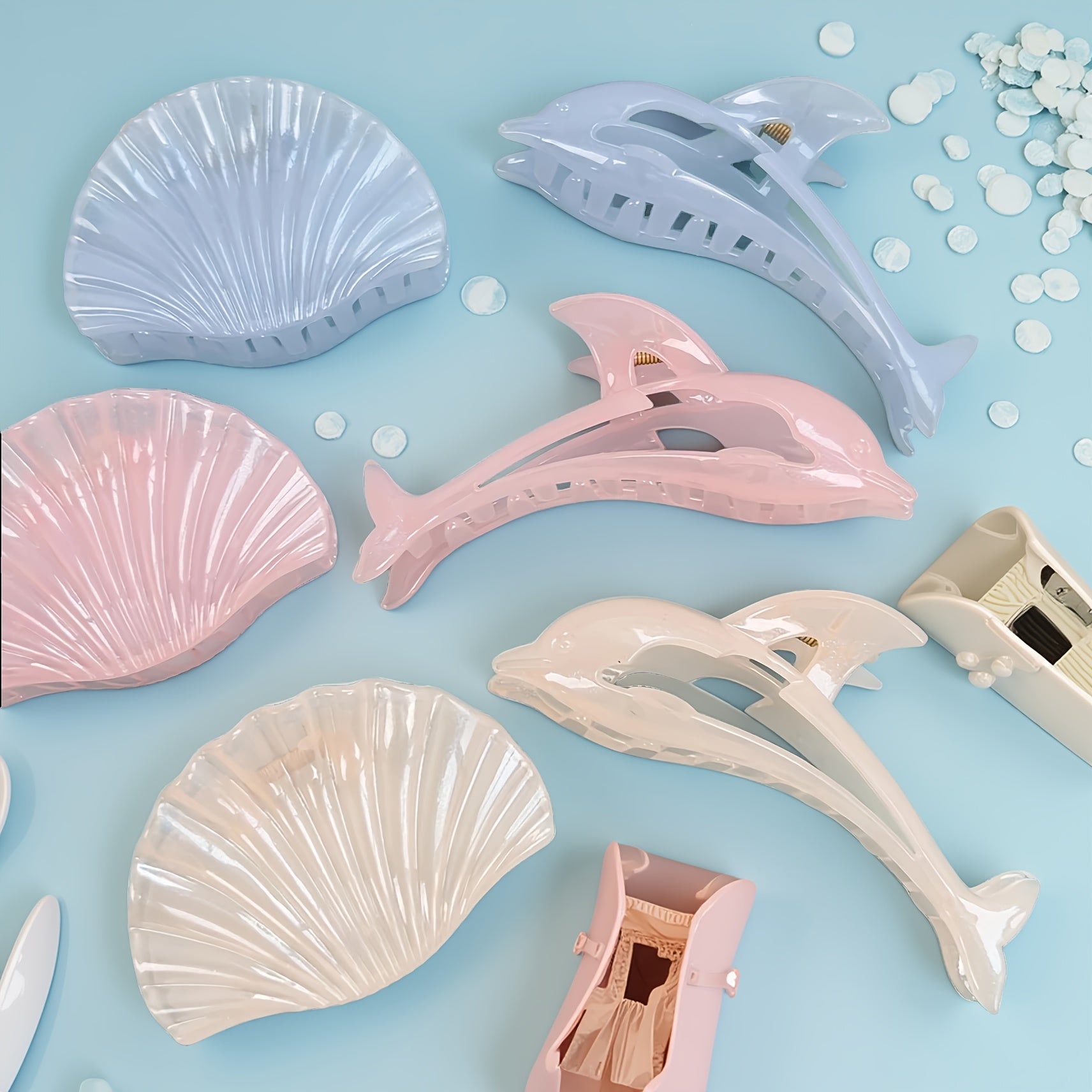 6pcs Jelly Shell Claw Clips, Dolphin with Glitter Straps Summer Vacation Hair Accessories, Cute Animal Hairstyles Headpieces, Large Shark Clip, Trendy Design Barrettes for Everyday Looks and Beach Parties