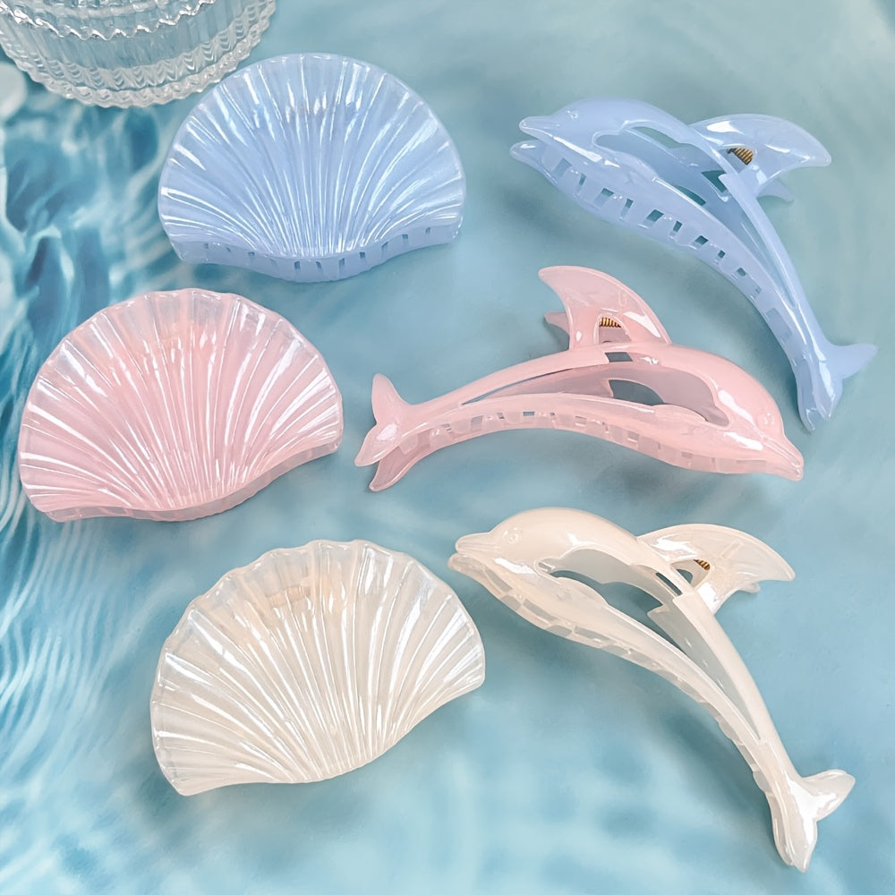 6pcs Jelly Shell Claw Clips, Dolphin with Glitter Straps Summer Vacation Hair Accessories, Cute Animal Hairstyles Headpieces, Large Shark Clip, Trendy Design Barrettes for Everyday Looks and Beach Parties