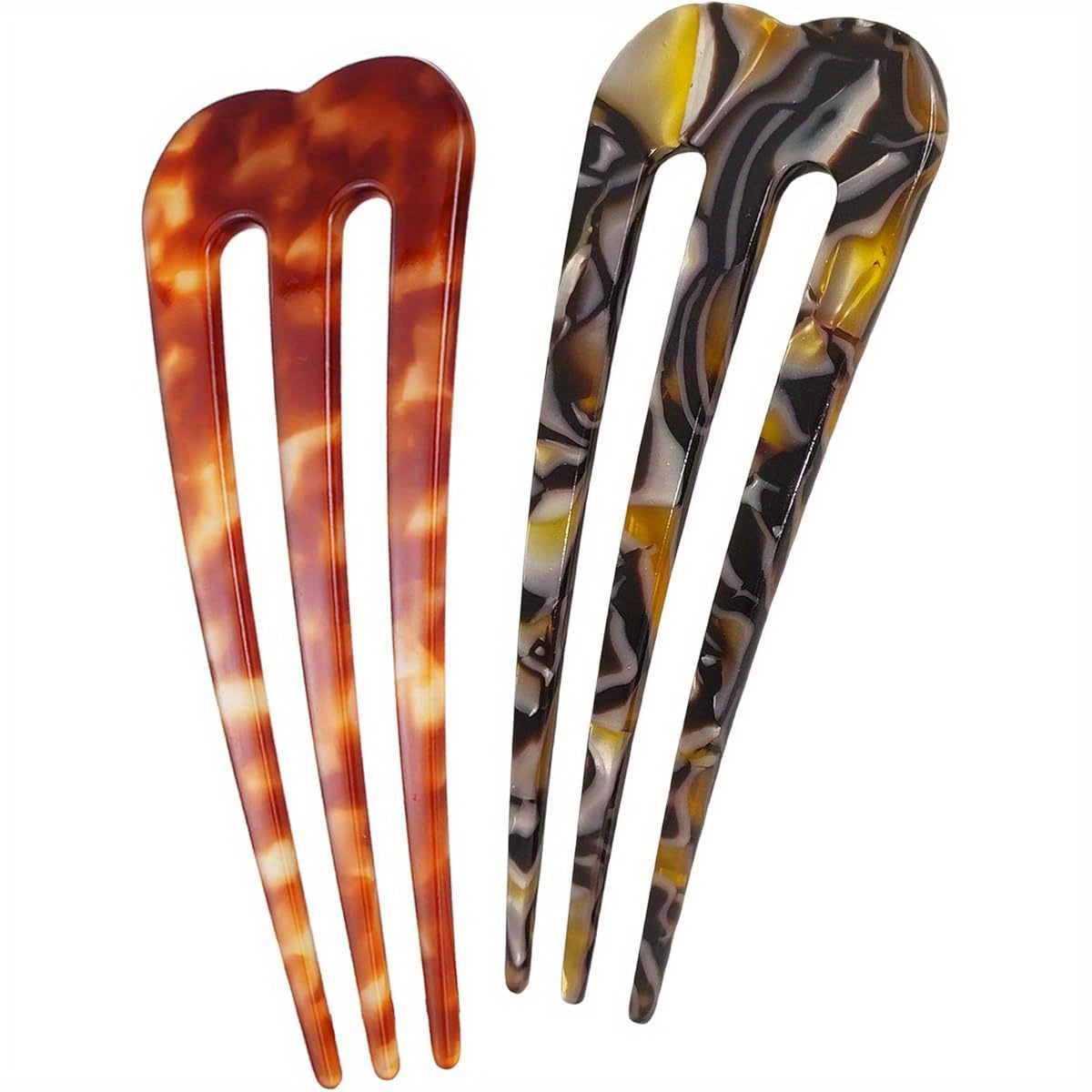 2pcs Large 3-Prong French Hair Pins for Women - Heavy Duty U-Shaped Hair Clips with Secure Hold, Tortoise Shell & Brown Elegant Design, Lightweight Cellulose Acetate Updo Hair Sticks for Thick/Thin Hair, Wedding, Bun, Chignon, Twist - Ideal Gift (1.7"