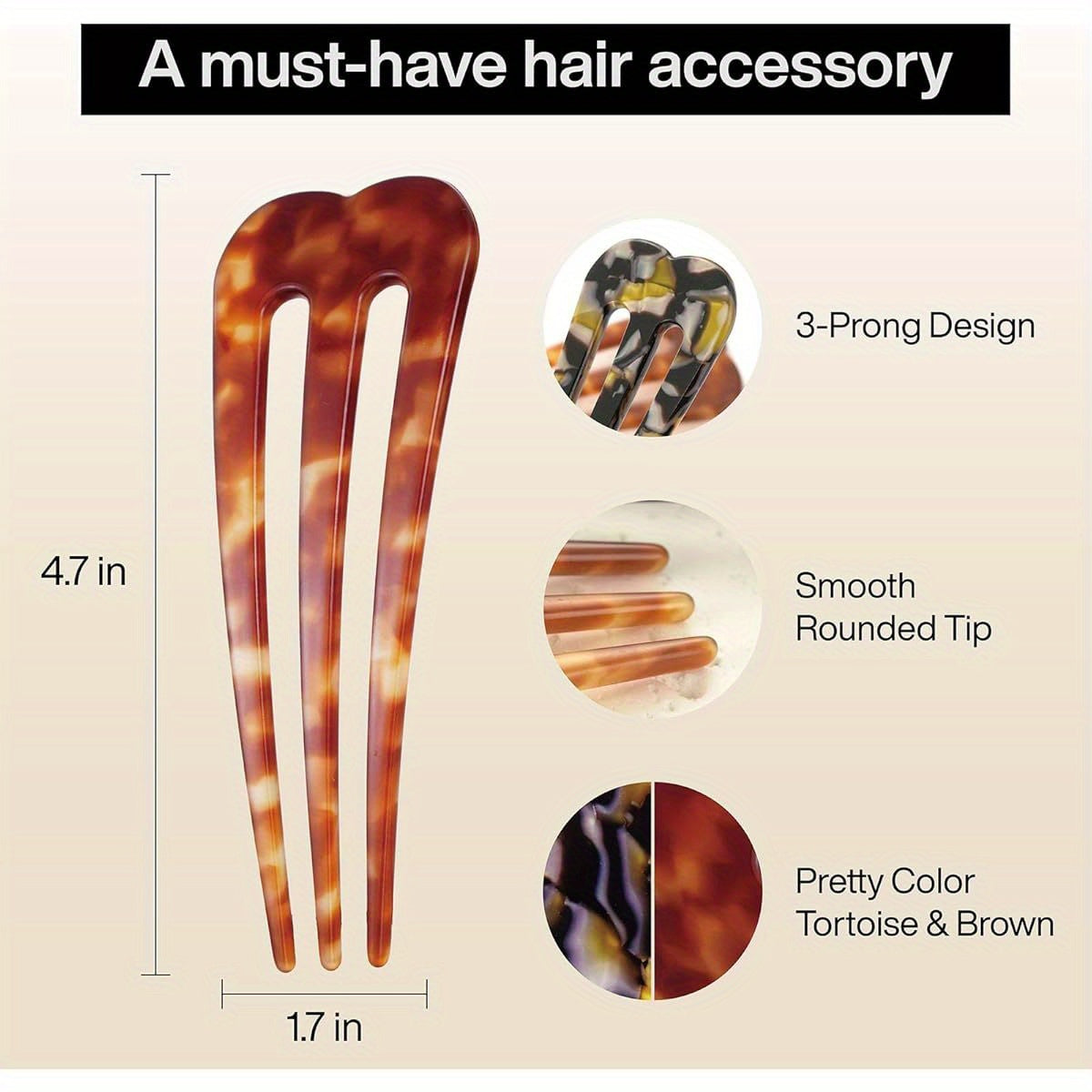 2pcs Large 3-Prong French Hair Pins for Women - Heavy Duty U-Shaped Hair Clips with Secure Hold, Tortoise Shell & Brown Elegant Design, Lightweight Cellulose Acetate Updo Hair Sticks for Thick/Thin Hair, Wedding, Bun, Chignon, Twist - Ideal Gift (1.7"