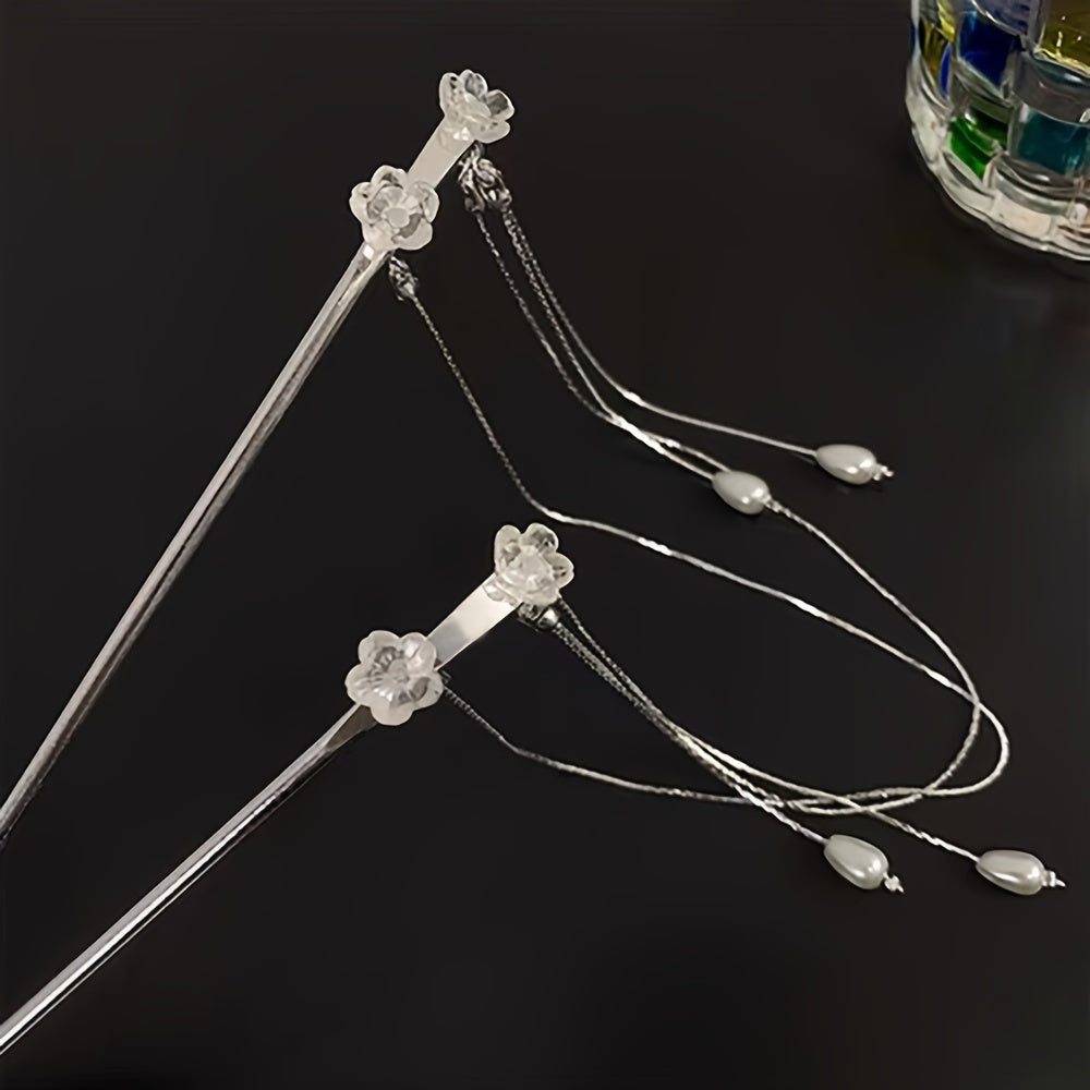 1pc Elegant Dual-Strand Floral Pearl Tassel Hair Stick Pin - Alloy Hairpin for Updos, Chinese Style Vintage Charm Hair Accessory, Sophisticated Bun Holder