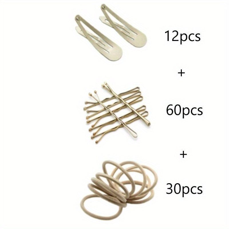 3Cards Women's Hair Styling Set Bobby Pins Hair Pins 60pcs+Hyper Elastics Hiar Ties 30pcs+Snap Hair Clips for Thick Hair 12pcs Blonde