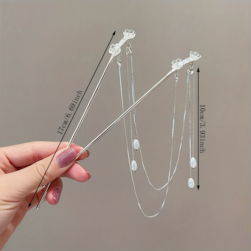 1pc Elegant Dual-Strand Floral Pearl Tassel Hair Stick Pin - Alloy Hairpin for Updos, Chinese Style Vintage Charm Hair Accessory, Sophisticated Bun Holder