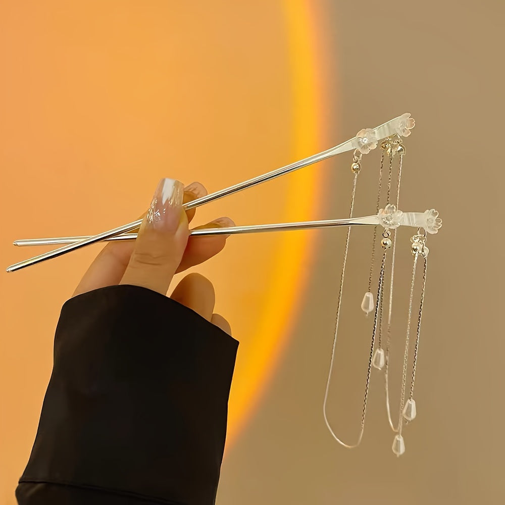 1pc Elegant Dual-Strand Floral Pearl Tassel Hair Stick Pin - Alloy Hairpin for Updos, Chinese Style Vintage Charm Hair Accessory, Sophisticated Bun Holder