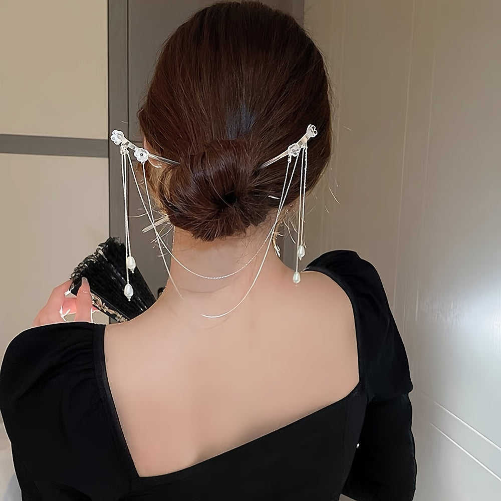 1pc Elegant Dual-Strand Floral Pearl Tassel Hair Stick Pin - Alloy Hairpin for Updos, Chinese Style Vintage Charm Hair Accessory, Sophisticated Bun Holder