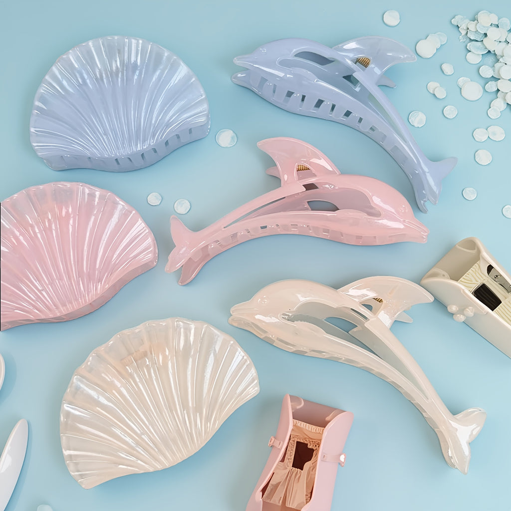 6pcs Jelly Shell Claw Clips, Dolphin with Glitter Straps Summer Vacation Hair Accessories, Cute Animal Hairstyles Headpieces, Large Shark Clip, Trendy Design Barrettes for Everyday Looks and Beach Parties