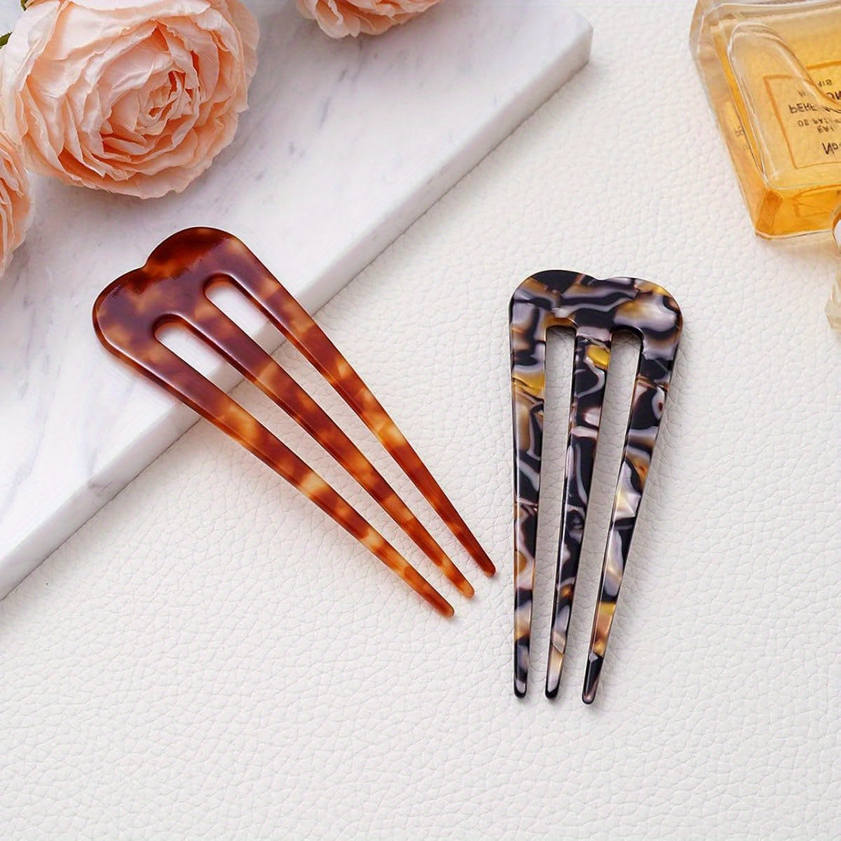2pcs Large 3-Prong French Hair Pins for Women - Heavy Duty U-Shaped Hair Clips with Secure Hold, Tortoise Shell & Brown Elegant Design, Lightweight Cellulose Acetate Updo Hair Sticks for Thick/Thin Hair, Wedding, Bun, Chignon, Twist - Ideal Gift (1.7"